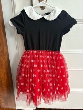 Girls' Minnie Mouse Dot Tulle Dress with White Peter Pan Collar - Black & Red